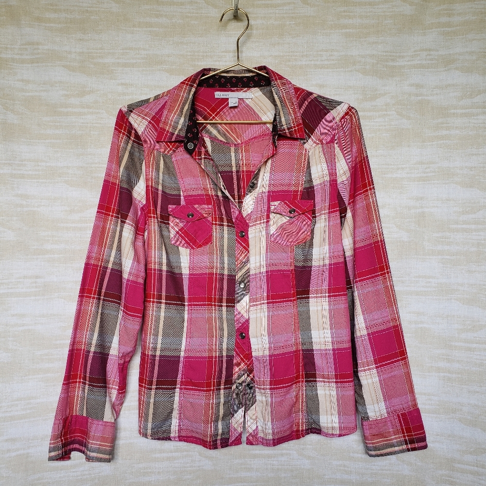 S hot pink plaid snap button-down western shirt